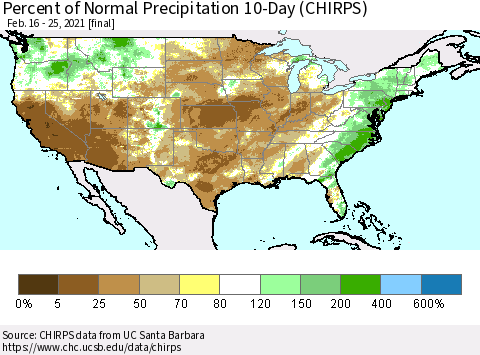 United States Percent of Normal Precipitation 10-Day (CHIRPS) Thematic Map For 2/16/2021 - 2/25/2021