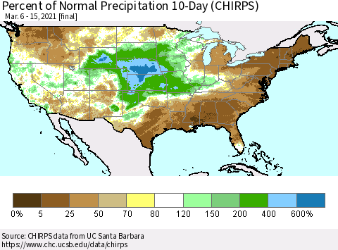 United States Percent of Normal Precipitation 10-Day (CHIRPS) Thematic Map For 3/6/2021 - 3/15/2021