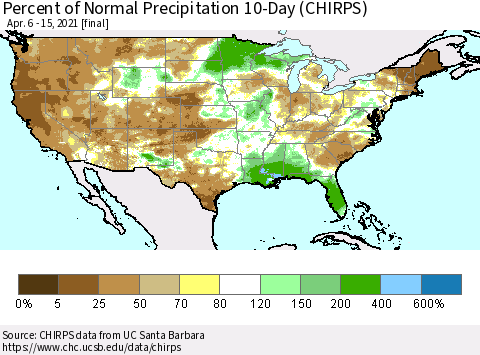 United States Percent of Normal Precipitation 10-Day (CHIRPS) Thematic Map For 4/6/2021 - 4/15/2021