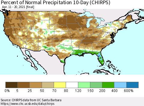 United States Percent of Normal Precipitation 10-Day (CHIRPS) Thematic Map For 4/11/2021 - 4/20/2021