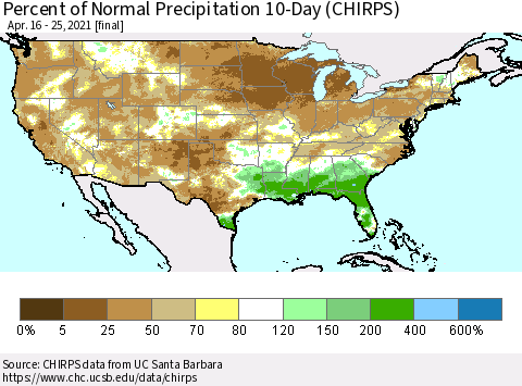 United States Percent of Normal Precipitation 10-Day (CHIRPS) Thematic Map For 4/16/2021 - 4/25/2021