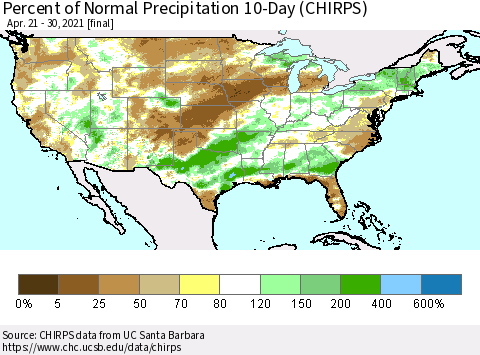 United States Percent of Normal Precipitation 10-Day (CHIRPS) Thematic Map For 4/21/2021 - 4/30/2021