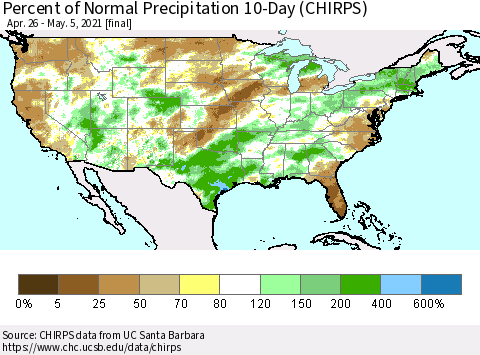 United States Percent of Normal Precipitation 10-Day (CHIRPS) Thematic Map For 4/26/2021 - 5/5/2021