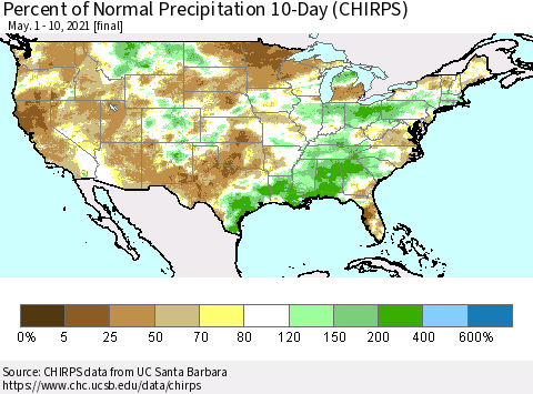 United States Percent of Normal Precipitation 10-Day (CHIRPS) Thematic Map For 5/1/2021 - 5/10/2021