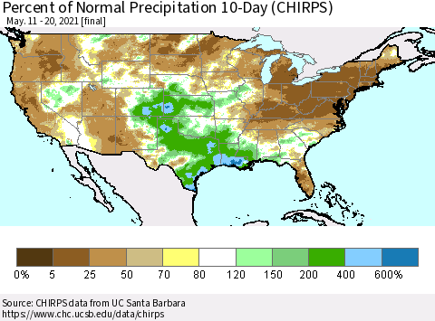 United States Percent of Normal Precipitation 10-Day (CHIRPS) Thematic Map For 5/11/2021 - 5/20/2021