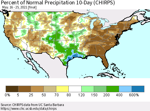 United States Percent of Normal Precipitation 10-Day (CHIRPS) Thematic Map For 5/16/2021 - 5/25/2021