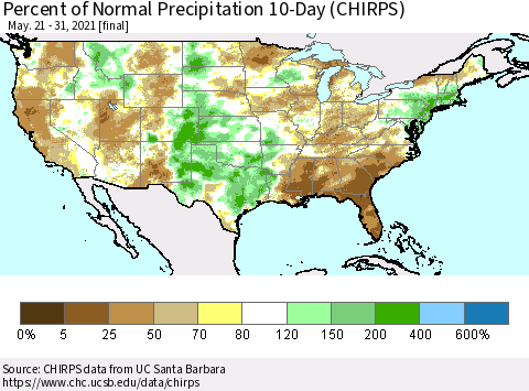 United States Percent of Normal Precipitation 10-Day (CHIRPS) Thematic Map For 5/21/2021 - 5/31/2021