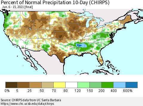United States Percent of Normal Precipitation 10-Day (CHIRPS) Thematic Map For 6/6/2021 - 6/15/2021