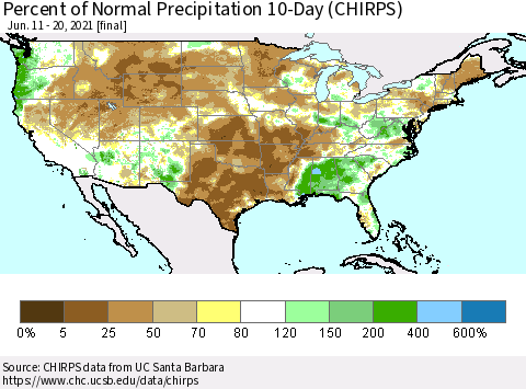 United States Percent of Normal Precipitation 10-Day (CHIRPS) Thematic Map For 6/11/2021 - 6/20/2021