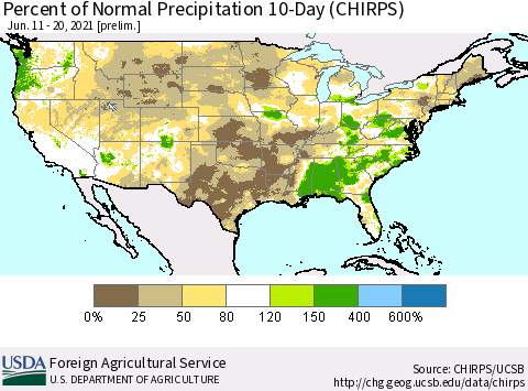 United States Percent of Normal Precipitation 10-Day (CHIRPS) Thematic Map For 6/11/2021 - 6/20/2021