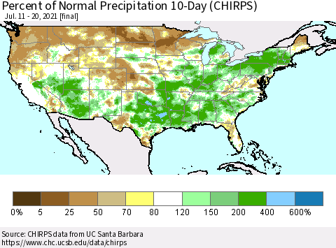 United States Percent of Normal Precipitation 10-Day (CHIRPS) Thematic Map For 7/11/2021 - 7/20/2021