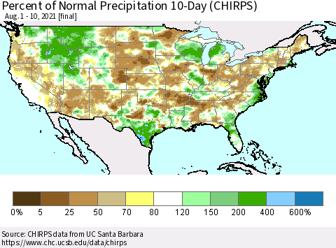 United States Percent of Normal Precipitation 10-Day (CHIRPS) Thematic Map For 8/1/2021 - 8/10/2021