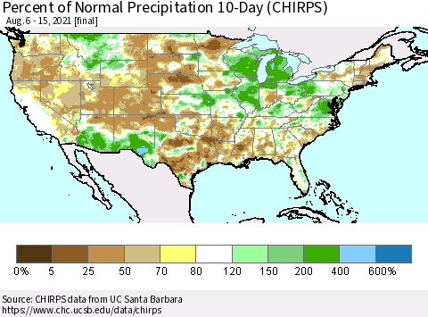 United States Percent of Normal Precipitation 10-Day (CHIRPS) Thematic Map For 8/6/2021 - 8/15/2021