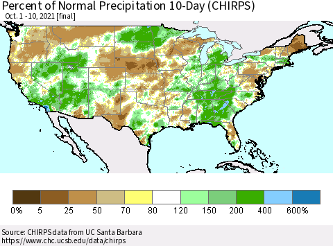 United States Percent of Normal Precipitation 10-Day (CHIRPS) Thematic Map For 10/1/2021 - 10/10/2021