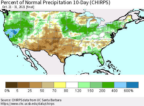 United States Percent of Normal Precipitation 10-Day (CHIRPS) Thematic Map For 10/21/2021 - 10/31/2021