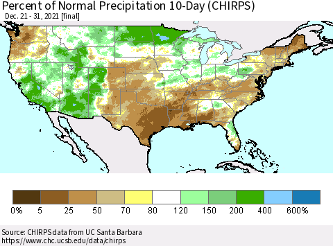 United States Percent of Normal Precipitation 10-Day (CHIRPS) Thematic Map For 12/21/2021 - 12/31/2021
