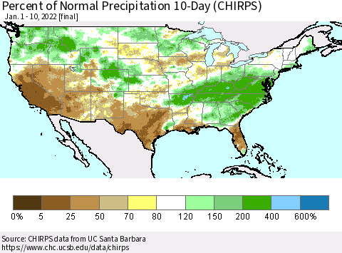 United States Percent of Normal Precipitation 10-Day (CHIRPS) Thematic Map For 1/1/2022 - 1/10/2022