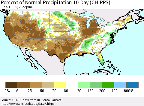 United States Percent of Normal Precipitation 10-Day (CHIRPS) Thematic Map For 1/11/2022 - 1/20/2022