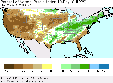 United States Percent of Normal Precipitation 10-Day (CHIRPS) Thematic Map For 1/26/2022 - 2/5/2022
