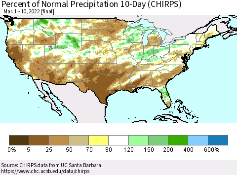 United States Percent of Normal Precipitation 10-Day (CHIRPS) Thematic Map For 3/1/2022 - 3/10/2022