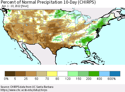 United States Percent of Normal Precipitation 10-Day (CHIRPS) Thematic Map For 4/1/2022 - 4/10/2022