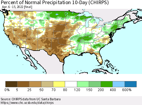 United States Percent of Normal Precipitation 10-Day (CHIRPS) Thematic Map For 4/6/2022 - 4/15/2022