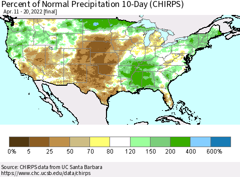 United States Percent of Normal Precipitation 10-Day (CHIRPS) Thematic Map For 4/11/2022 - 4/20/2022