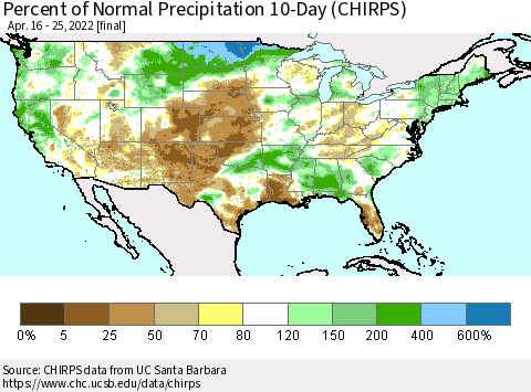 United States Percent of Normal Precipitation 10-Day (CHIRPS) Thematic Map For 4/16/2022 - 4/25/2022