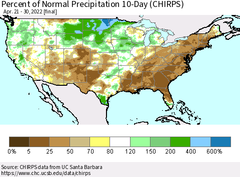 United States Percent of Normal Precipitation 10-Day (CHIRPS) Thematic Map For 4/21/2022 - 4/30/2022