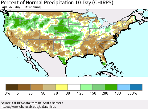 United States Percent of Normal Precipitation 10-Day (CHIRPS) Thematic Map For 4/26/2022 - 5/5/2022