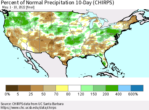 United States Percent of Normal Precipitation 10-Day (CHIRPS) Thematic Map For 5/1/2022 - 5/10/2022