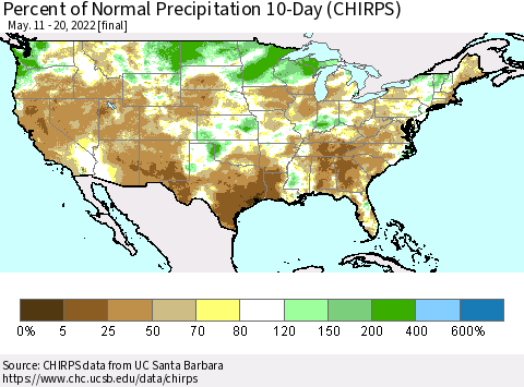 United States Percent of Normal Precipitation 10-Day (CHIRPS) Thematic Map For 5/11/2022 - 5/20/2022