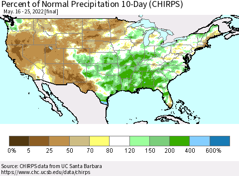 United States Percent of Normal Precipitation 10-Day (CHIRPS) Thematic Map For 5/16/2022 - 5/25/2022