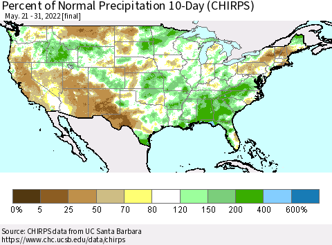 United States Percent of Normal Precipitation 10-Day (CHIRPS) Thematic Map For 5/21/2022 - 5/31/2022