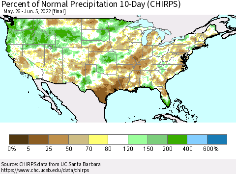 United States Percent of Normal Precipitation 10-Day (CHIRPS) Thematic Map For 5/26/2022 - 6/5/2022