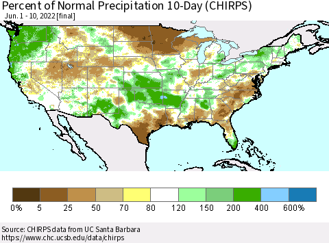 United States Percent of Normal Precipitation 10-Day (CHIRPS) Thematic Map For 6/1/2022 - 6/10/2022