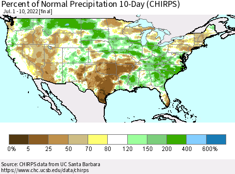 United States Percent of Normal Precipitation 10-Day (CHIRPS) Thematic Map For 7/1/2022 - 7/10/2022