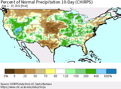 United States Percent of Normal Precipitation 10-Day (CHIRPS) Thematic Map For 8/1/2022 - 8/10/2022