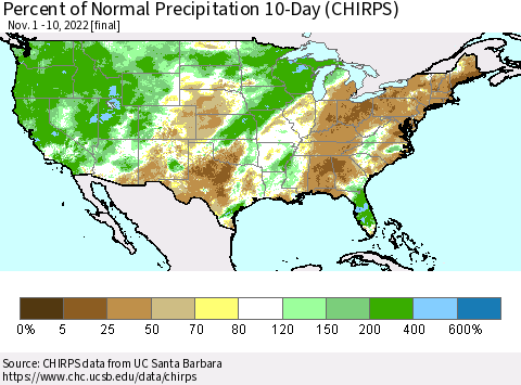 United States Percent of Normal Precipitation 10-Day (CHIRPS) Thematic Map For 11/1/2022 - 11/10/2022