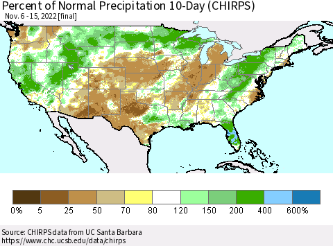 United States Percent of Normal Precipitation 10-Day (CHIRPS) Thematic Map For 11/6/2022 - 11/15/2022