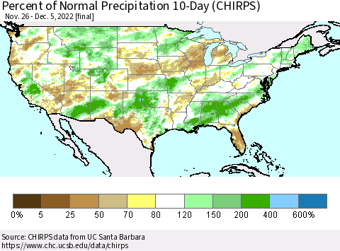 United States Percent of Normal Precipitation 10-Day (CHIRPS) Thematic Map For 11/26/2022 - 12/5/2022
