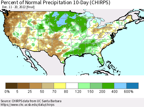 United States Percent of Normal Precipitation 10-Day (CHIRPS) Thematic Map For 12/11/2022 - 12/20/2022