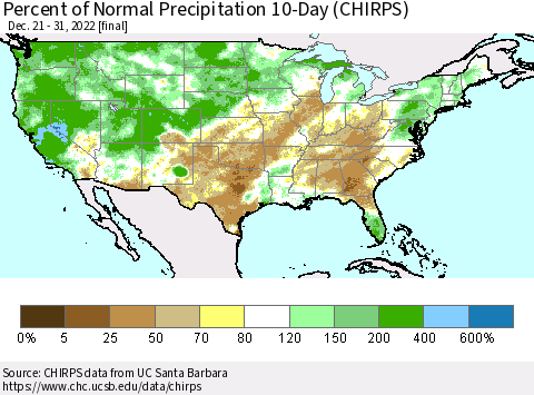 United States Percent of Normal Precipitation 10-Day (CHIRPS) Thematic Map For 12/21/2022 - 12/31/2022