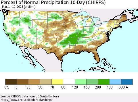United States Percent of Normal Precipitation 10-Day (CHIRPS) Thematic Map For 3/1/2023 - 3/10/2023