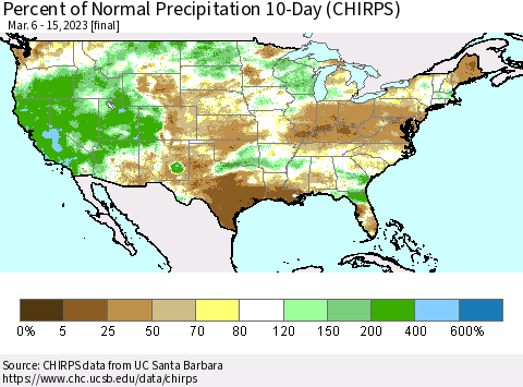 United States Percent of Normal Precipitation 10-Day (CHIRPS) Thematic Map For 3/6/2023 - 3/15/2023