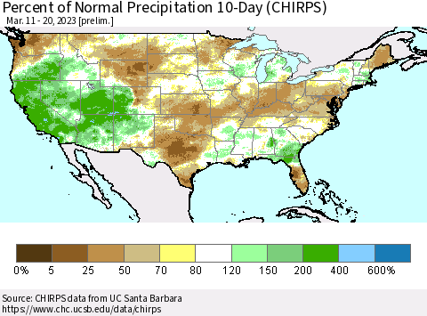 United States Percent of Normal Precipitation 10-Day (CHIRPS) Thematic Map For 3/11/2023 - 3/20/2023