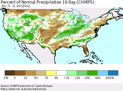 United States Percent of Normal Precipitation 10-Day (CHIRPS) Thematic Map For 3/21/2023 - 3/31/2023
