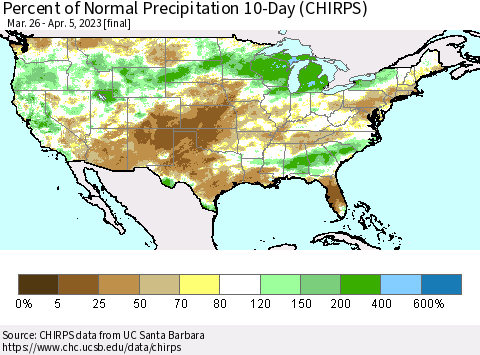 United States Percent of Normal Precipitation 10-Day (CHIRPS) Thematic Map For 3/26/2023 - 4/5/2023