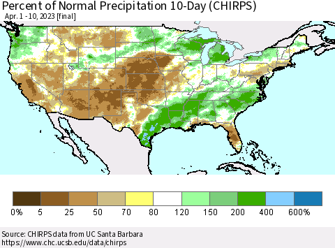 United States Percent of Normal Precipitation 10-Day (CHIRPS) Thematic Map For 4/1/2023 - 4/10/2023