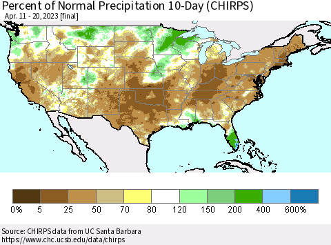 United States Percent of Normal Precipitation 10-Day (CHIRPS) Thematic Map For 4/11/2023 - 4/20/2023